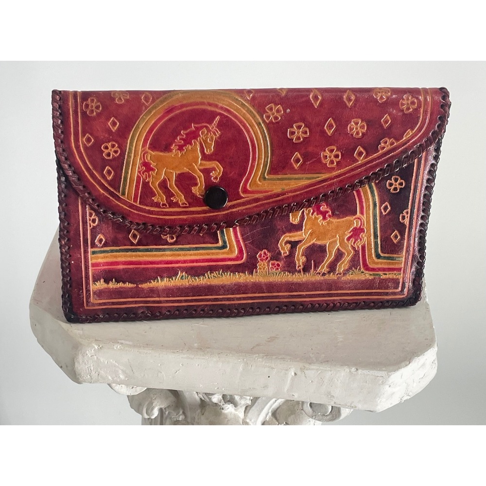 Vintage 1970s Rainbow Unicorn Tooled Leather Clutch Wallet Hand Painted Boho